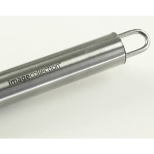 A stainless steel BBQ tool featuring a hanging loop and branded with a logo.