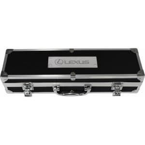 A sleek black deluxe case with silver detailing and a logo on the front, designed for a BBQ set.
