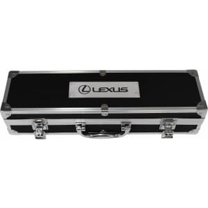 A sleek black deluxe case with silver accents, featuring a logo on the top.