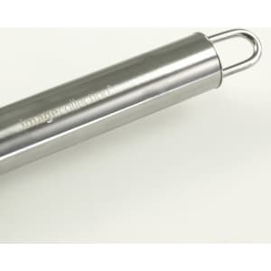 A stainless steel BBQ tool with a looped handle, featuring a subtle logo on its surface.