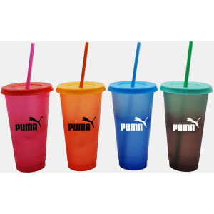 Four plastic cups in pink, orange, blue, and green with matching straws and logos.