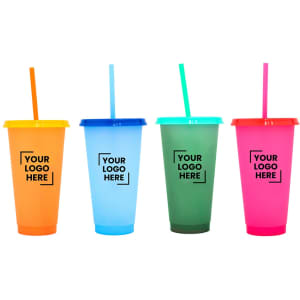 A collection of four plastic cups in orange, blue, green, and pink, each with a straw and a logo.