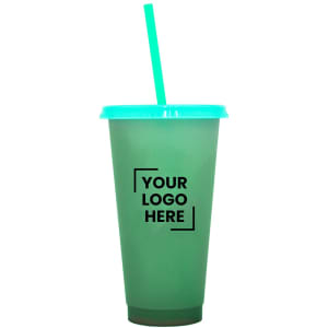 A drink bottle featuring a translucent green body and a turquoise lid with a straw, including a logo.