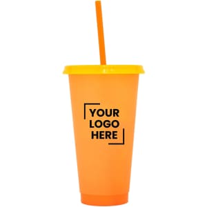 An orange plastic cup with a yellow lid and straw, featuring a logo.