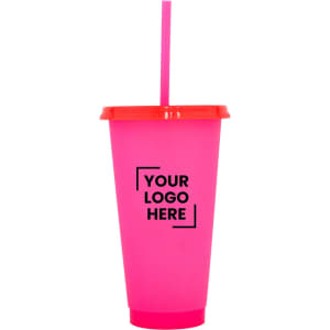 A drink bottle in vibrant pink with a contrasting red lid and straw, featuring a logo design.