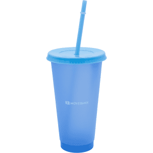 A drink bottle featuring a translucent blue design, complete with a straw and a logo.