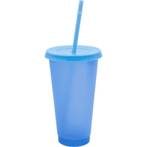 A drink bottle in blue with a straw and an attached lid, featuring a logo.