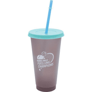 A drink bottle featuring a frosted design with a teal lid and straw, and a logo on the front.