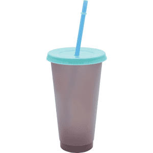 A drink bottle with a frosted purple body and a light blue lid, featuring a matching straw. It has a logo.