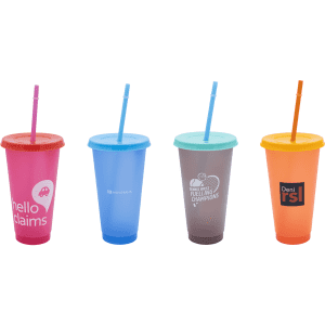 A selection of four plastic cups in various colours, each with a straw and a logo.