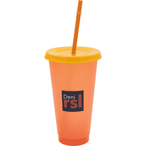 A drink bottle in orange plastic with a yellow lid and straw, featuring a logo. Ideal for beverages.