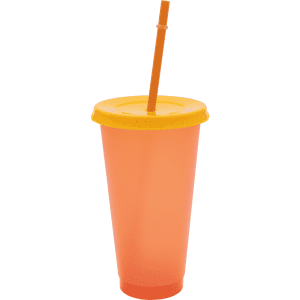 A drink bottle featuring a translucent orange body with a yellow lid and straw, and includes a logo.
