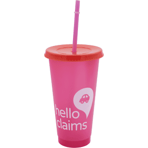 A drink bottle featuring a pink body and a red lid with a straw, includes a logo on the front.