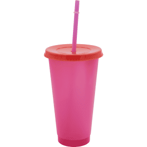 A drink bottle in vibrant pink with a matching lid and straw, featuring a logo.