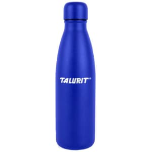 A drink bottle in a matte blue finish with a sleek, elongated design and a logo on the side.