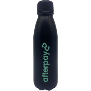 A drink bottle in matte black with a light green logo, featuring a screw-top lid.