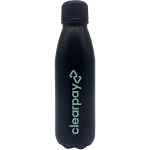 A drink bottle in black with a silver logo, featuring a sleek, curved design and a secure cap.