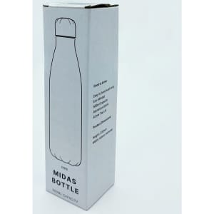 A drink bottle in a sleek silver design, inside a cylindrical white box with branding and product details.