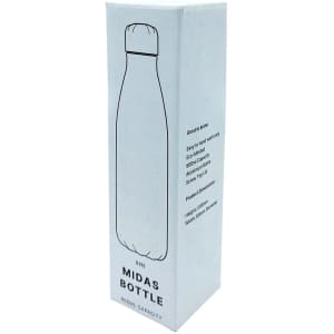 A drink bottle in a white box featuring a simple design, labelled as "Midas Bottle" with a capacity of 600ml.