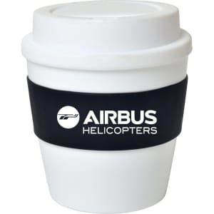 A drink cup in white with a black sleeve and branding. Suitable for beverages.