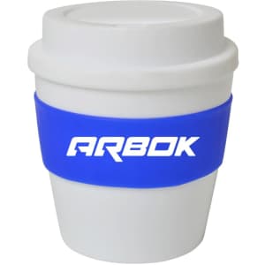 A drink bottle with a white body and blue silicone band, featuring a logo on the band.