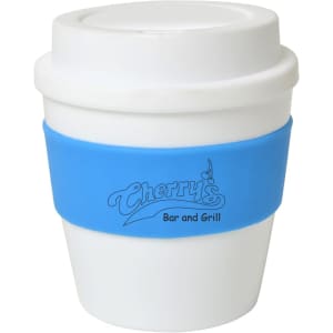 A drink cup with a white body and blue silicone sleeve, featuring a logo.