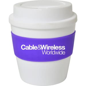A drink cup featuring a white body and a purple silicone sleeve, with a logo on the front.