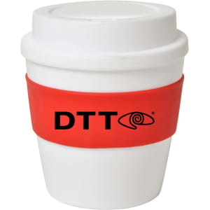 A drink bottle styled in white with a red silicone band and a logo on the surface.