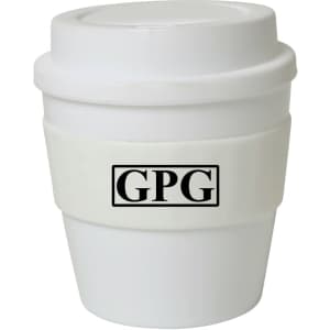 A drink bottle in white with a matching lid and a black logo, featuring an insulated grip band.