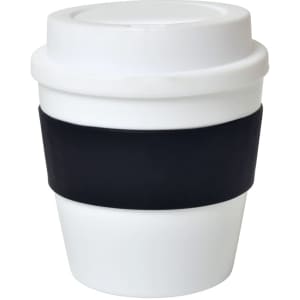 A drink bottle in white with a black silicone band around its middle. It has a lid and a simple design.