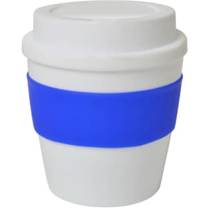 A drink cup in white with a blue silicone band, featuring a lid and a simple design. It has a logo on the surface.