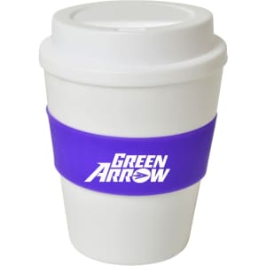 A drink bottle with a white body, purple sleeve, and a logo. Ideal for beverages on the go.