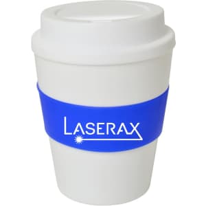 A drink bottle with a white body and blue silicone grip, featuring a logo.