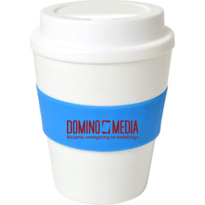 A large white drink cup with a blue silicone grip and a logo on the front.