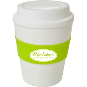 A drink cup with a white body, green silicone band, and a lid, featuring a logo.