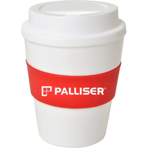 A drink bottle featuring a large white cup with a red silicone grip and a lid, branded with a logo.