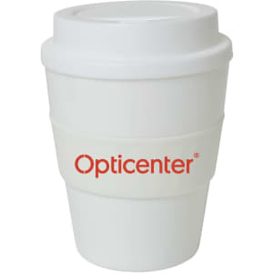 A large white drink cup with a matching lid and a silicone grip, featuring a logo.