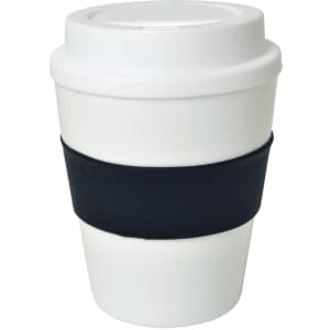 A drink bottle featuring a large white cup with a black silicone sleeve and a lid.