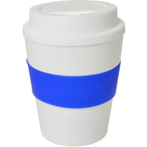 A drink bottle with a white body and a blue silicone band. It features a lid and an attached logo.