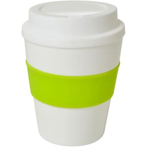 A large white cup with a green silicone band and a lid, featuring a logo.