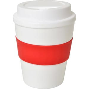 A large white cup with a red silicone sleeve and a matching lid, featuring a logo.