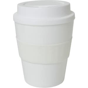 A drink bottle in white with a removable silicone band, featuring a lid and a logo.