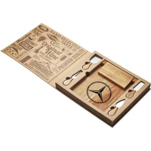 A wooden cheeseboard and knife set featuring engraved designs and a logo, with compartments for knives and accessories.