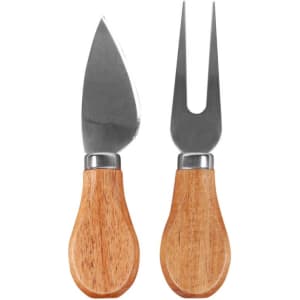 A set of cheese knives with stainless steel blades and wooden handles, featuring a cheese fork and a cheese spreader.