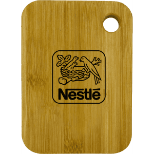 A small bamboo cutting board featuring a round handle and a logo on the surface.