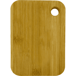 A small bamboo cutting board in a light brown hue with a rounded corner and a hanging hole.