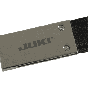 A black leather keychain featuring a metallic silver clasp and branding, with a sleek, minimalist design.