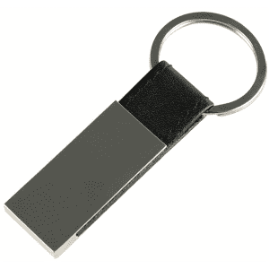 A leather keychain in black, featuring a sleek metal rectangular attachment and a round keyring.