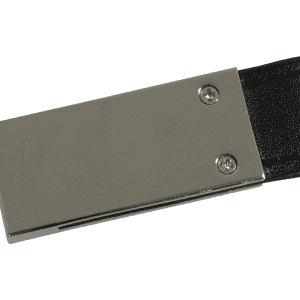 A close-up of a Hudson leather keychain, featuring a black leather strap and a metallic clasp with two screws.