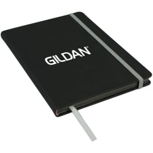 A black A5 journal with an elastic closure and a ribbon bookmark. It features a logo on the cover.